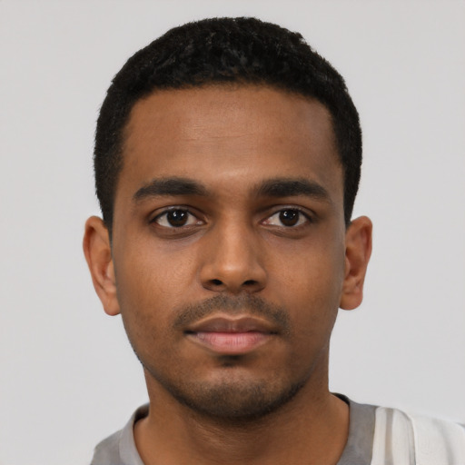 Neutral black young-adult male with short  black hair and brown eyes
