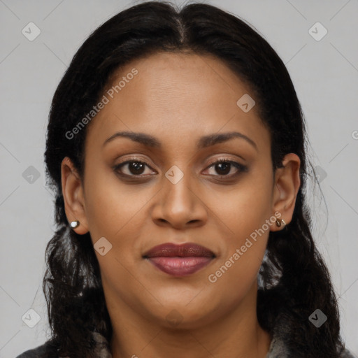 Joyful latino young-adult female with long  brown hair and brown eyes