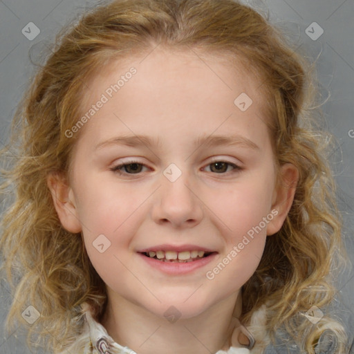 Joyful white child female with medium  brown hair and brown eyes