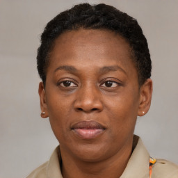 Neutral black adult female with short  brown hair and brown eyes