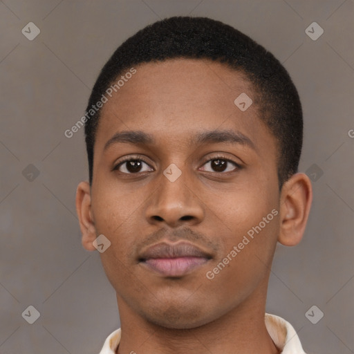 Neutral black young-adult male with short  brown hair and brown eyes