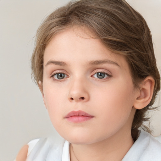 Neutral white child female with medium  brown hair and blue eyes