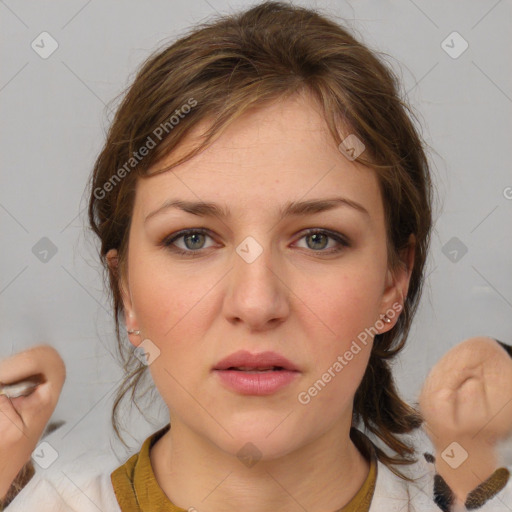 Neutral white young-adult female with medium  brown hair and brown eyes