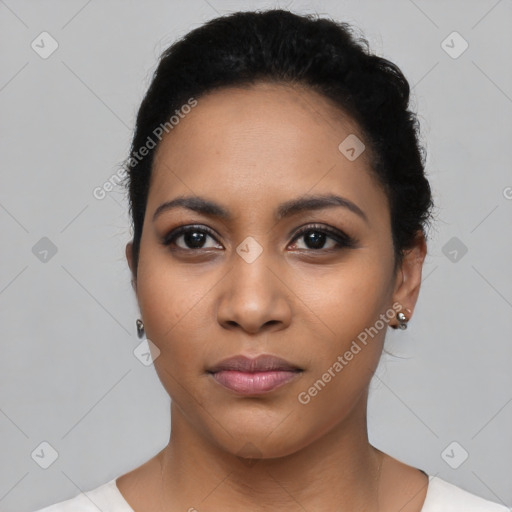 Neutral latino young-adult female with short  black hair and brown eyes