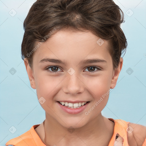 Joyful white child female with short  brown hair and brown eyes