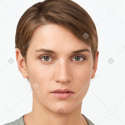 Neutral white young-adult female with short  brown hair and brown eyes