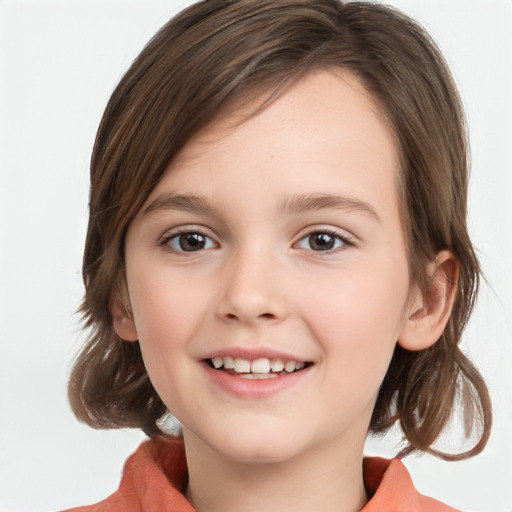 Joyful white child female with medium  brown hair and brown eyes