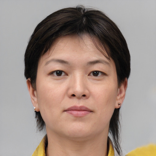 Neutral white young-adult female with medium  brown hair and brown eyes