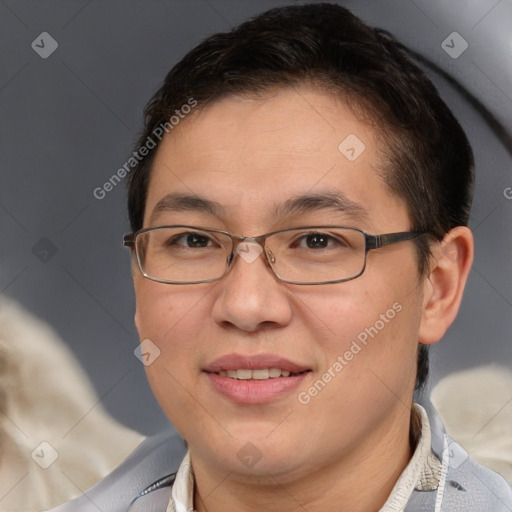 Joyful white adult female with short  brown hair and brown eyes