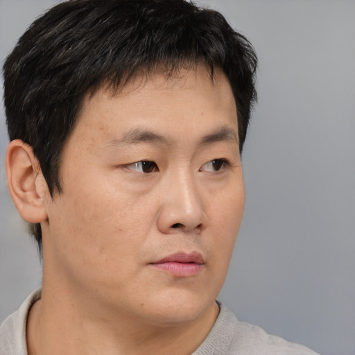 Neutral asian young-adult male with short  brown hair and brown eyes
