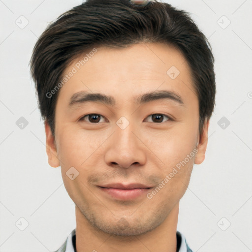 Joyful white young-adult male with short  black hair and brown eyes