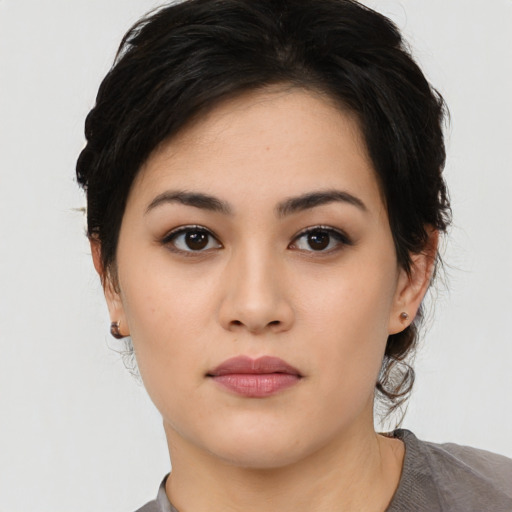 Neutral asian young-adult female with medium  black hair and brown eyes