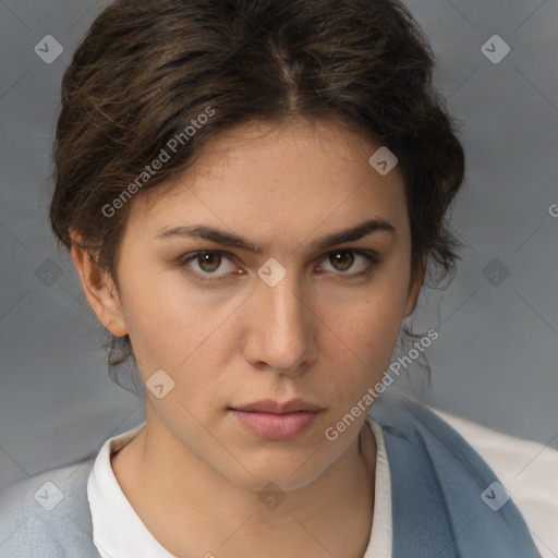 Neutral white young-adult female with medium  brown hair and brown eyes