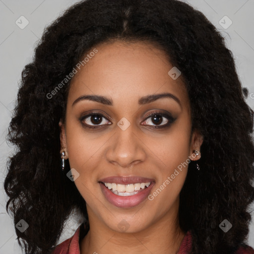 Joyful black young-adult female with long  brown hair and brown eyes