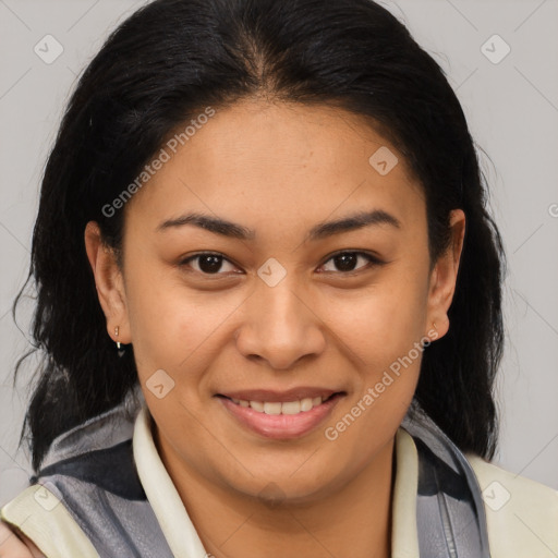 Joyful latino young-adult female with medium  brown hair and brown eyes