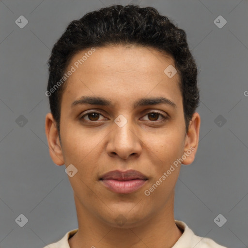 Joyful latino young-adult male with short  brown hair and brown eyes