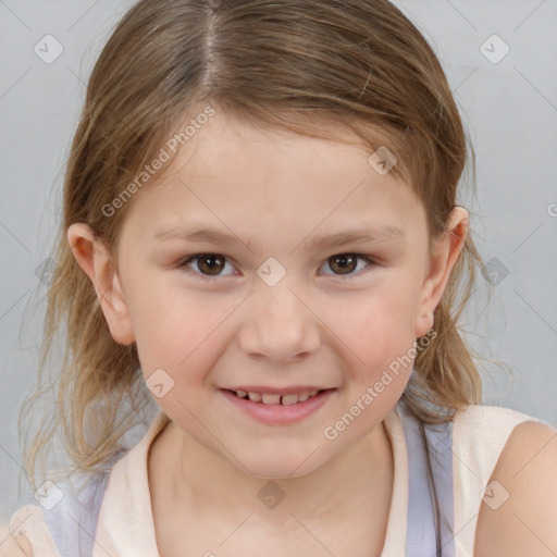 Joyful white child female with medium  brown hair and brown eyes