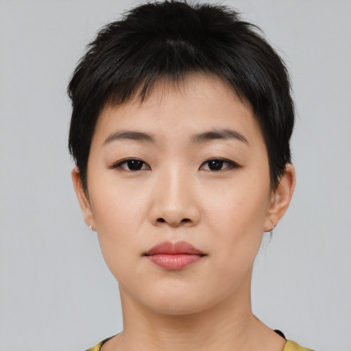 Neutral asian young-adult female with short  black hair and brown eyes