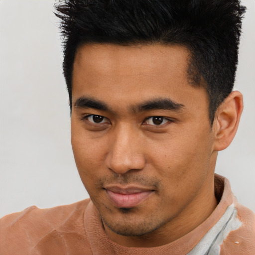 Neutral asian young-adult male with short  brown hair and brown eyes