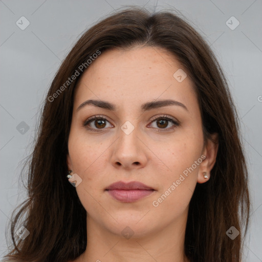 Neutral white young-adult female with long  brown hair and brown eyes