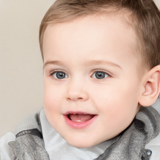 Joyful white child female with short  brown hair and grey eyes