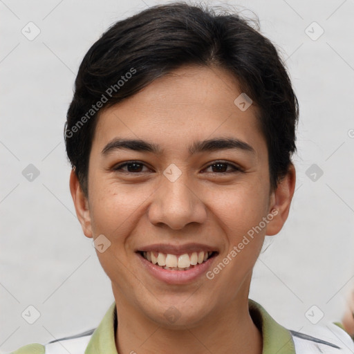 Joyful latino young-adult female with short  brown hair and brown eyes