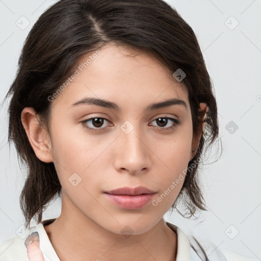 Neutral white young-adult female with medium  brown hair and brown eyes