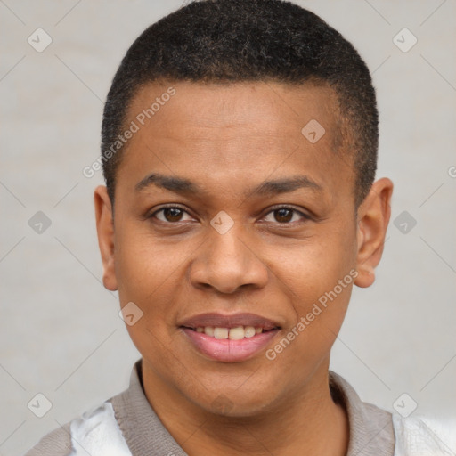 Joyful black young-adult male with short  brown hair and brown eyes