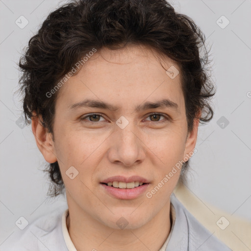 Joyful white adult female with short  brown hair and brown eyes