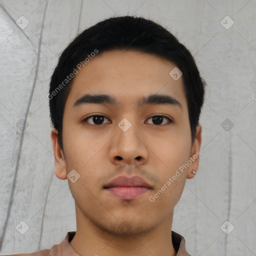 Neutral asian young-adult male with short  black hair and brown eyes