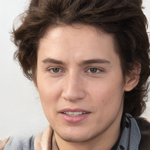 Joyful white young-adult male with medium  brown hair and brown eyes