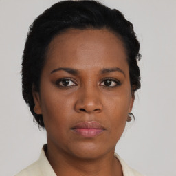 Neutral black young-adult female with short  black hair and brown eyes
