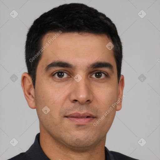 Neutral white young-adult male with short  black hair and brown eyes