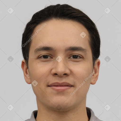 Joyful white young-adult male with short  black hair and brown eyes