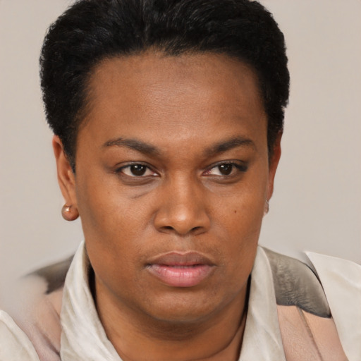 Neutral black young-adult female with short  brown hair and brown eyes