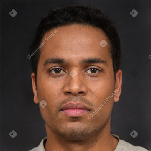 Neutral latino young-adult male with short  black hair and brown eyes