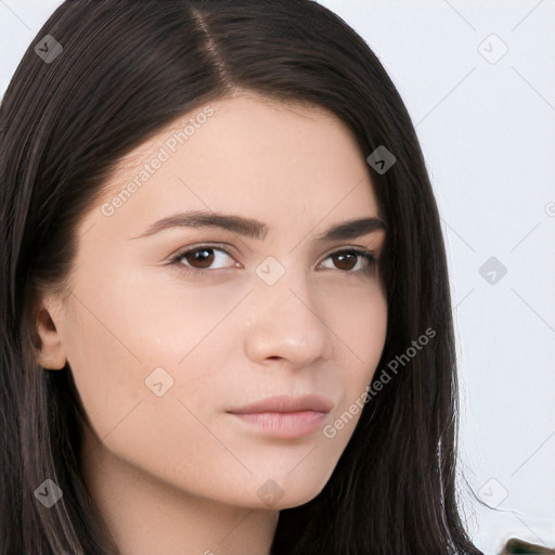 Neutral white young-adult female with long  brown hair and brown eyes