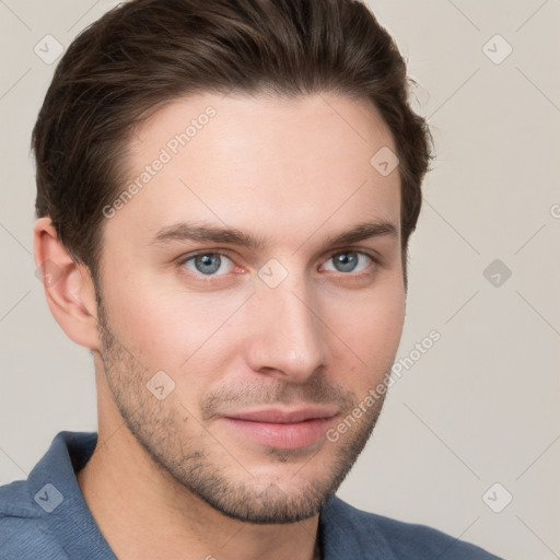 Neutral white young-adult male with short  brown hair and grey eyes