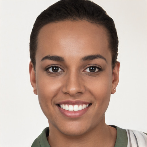 Joyful white young-adult female with short  brown hair and brown eyes