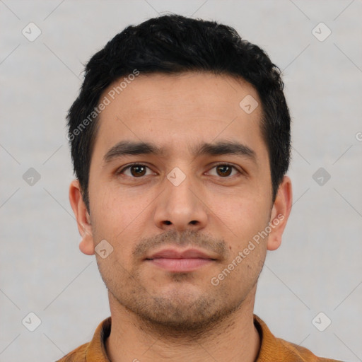 Neutral latino young-adult male with short  black hair and brown eyes