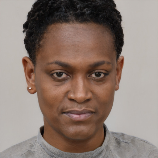 Neutral black young-adult female with short  black hair and brown eyes