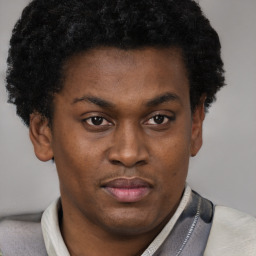 Joyful latino young-adult male with short  brown hair and brown eyes