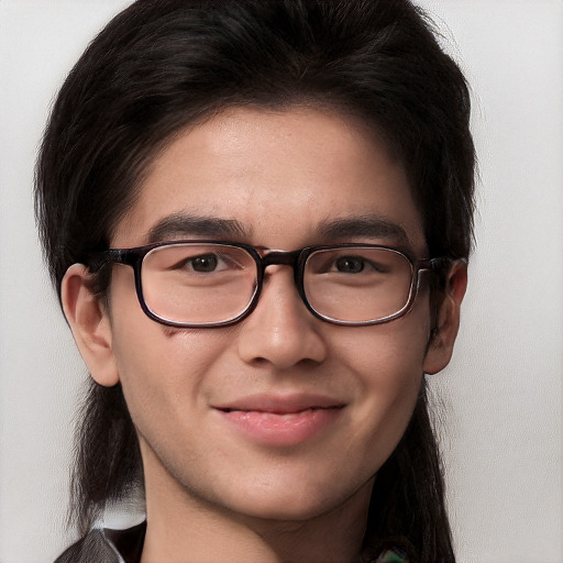 Joyful white young-adult male with long  brown hair and brown eyes