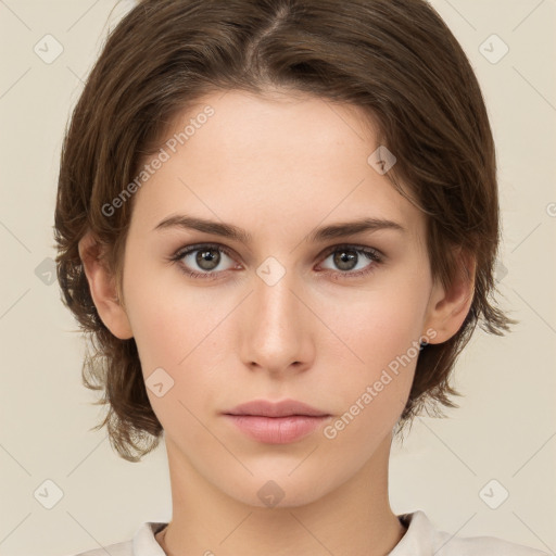 Neutral white young-adult female with medium  brown hair and brown eyes