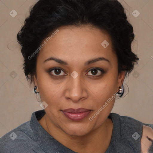 Joyful latino adult female with short  brown hair and brown eyes