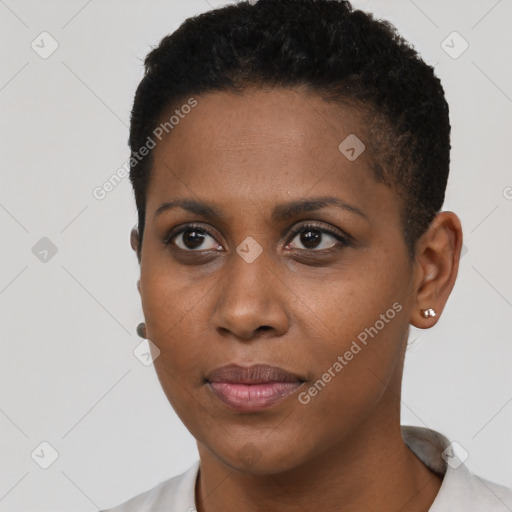 Neutral black young-adult female with short  brown hair and brown eyes