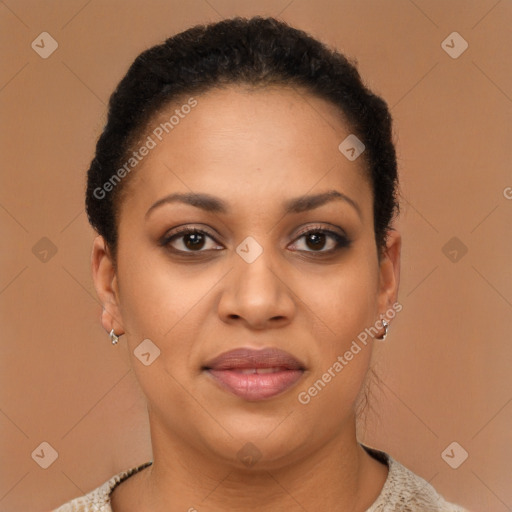 Joyful latino young-adult female with short  brown hair and brown eyes