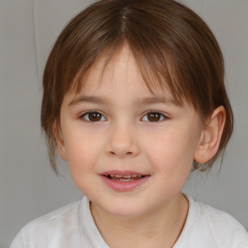 Joyful white child female with medium  brown hair and brown eyes