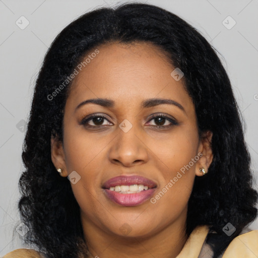 Joyful latino young-adult female with long  black hair and brown eyes