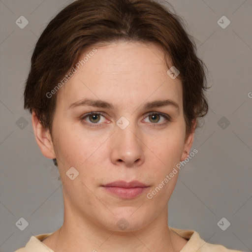 Neutral white young-adult female with short  brown hair and brown eyes